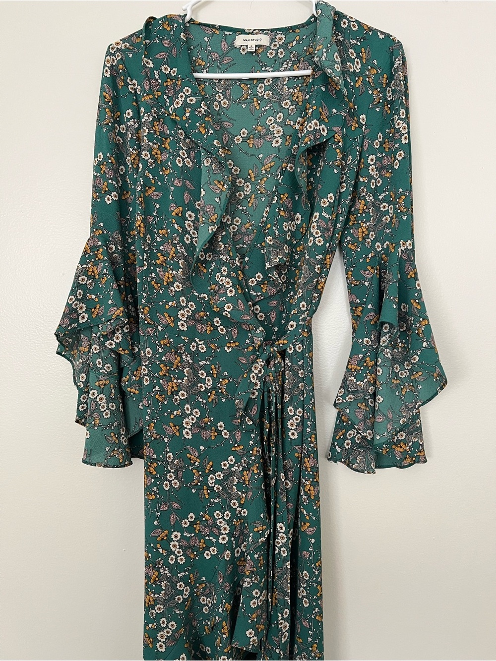 Max Studio Teal Floral Midi Wrap Dress with Ruffle Sleeves